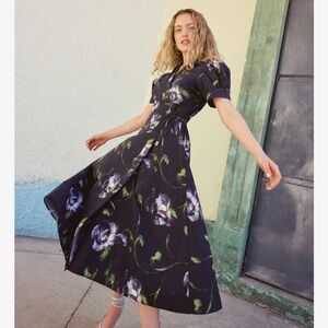 Tanya Taylor Short Sleeve Midi Shivon Dress Floral Black Dress